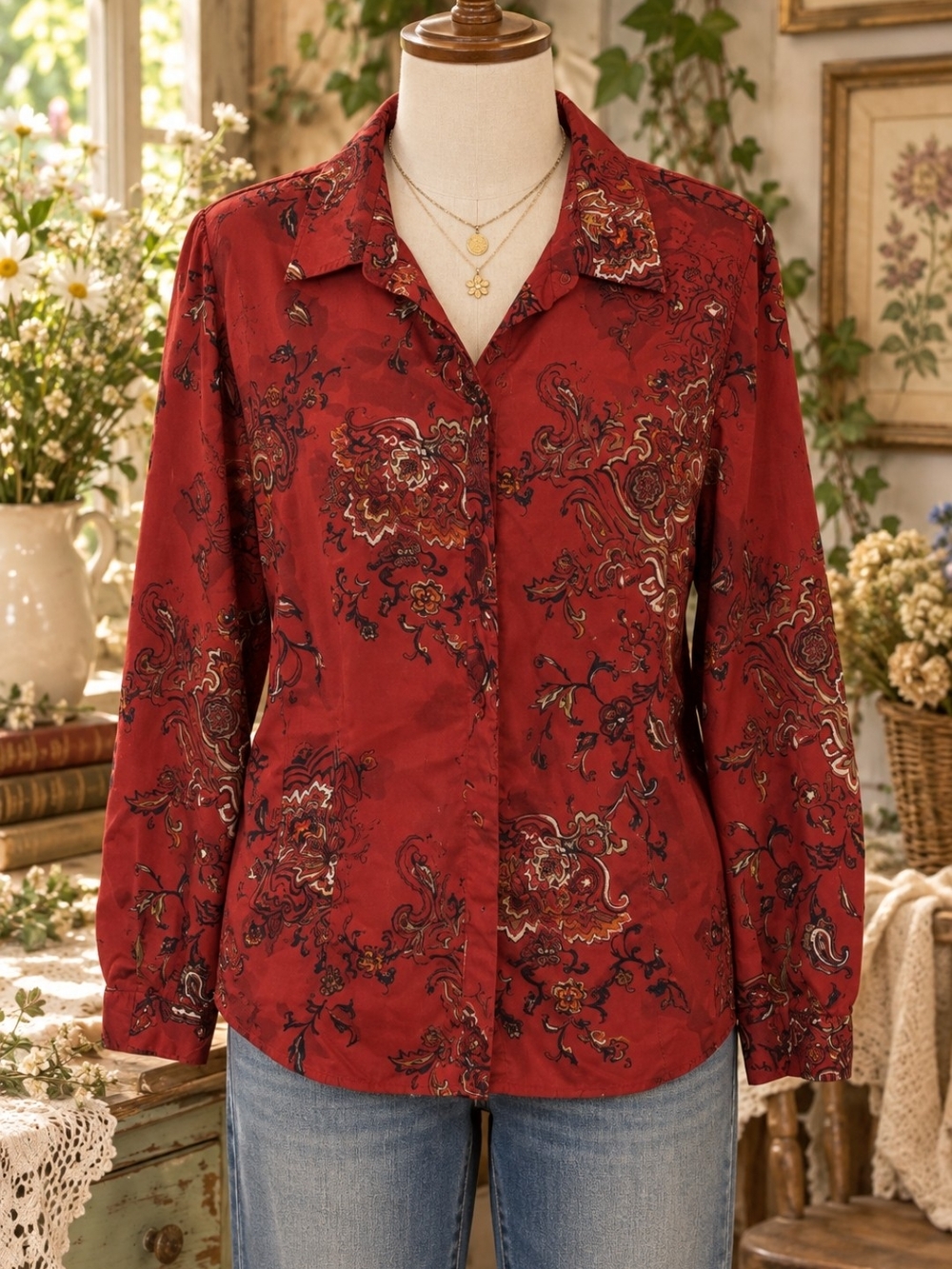Coldwater Creek Red Paisley Button-Down Shirt